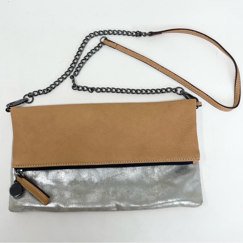 LOFT Tan and Silver Crossbody Bag with Chain Strap